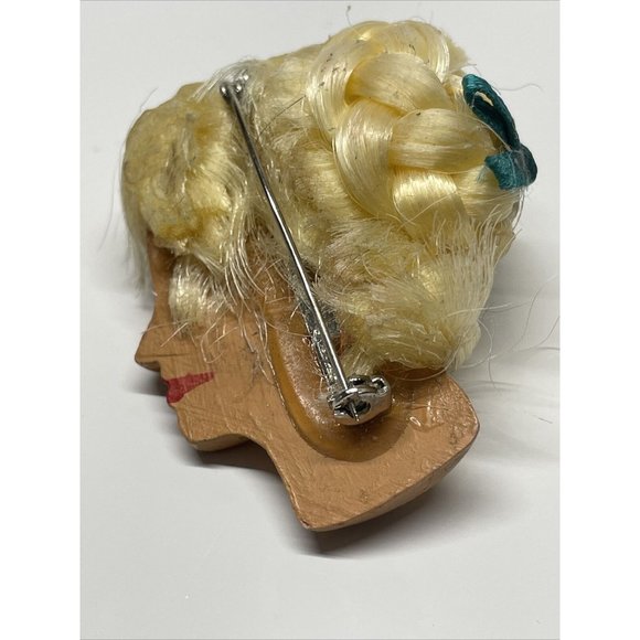 Vintage Girl with‎ Painted Face Brooch Pin Barbie Like Hair Side Profile Blond